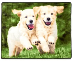 Green & Brown Puppies Plush Raschel Throw, (50" X 60") -Northlight Sales Store 810469124 1