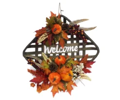 "Welcome" Pumpkin & Floral Basket Wall Decor