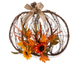 Autumn Floral Rattan Pumpkin Wall Decor