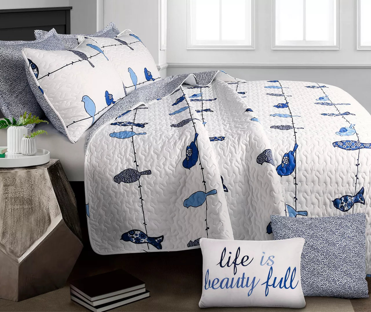 Rowley Birds Navy Full/Queen Reversible 7-Piece Quilt Set 4 Rowley Birds Navy Full/Queen Reversible 7-Piece Quilt Set - Image 2