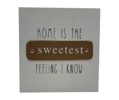 "Sweetest Feeling" White Wood Plaque With Brown Faux Leather Accent