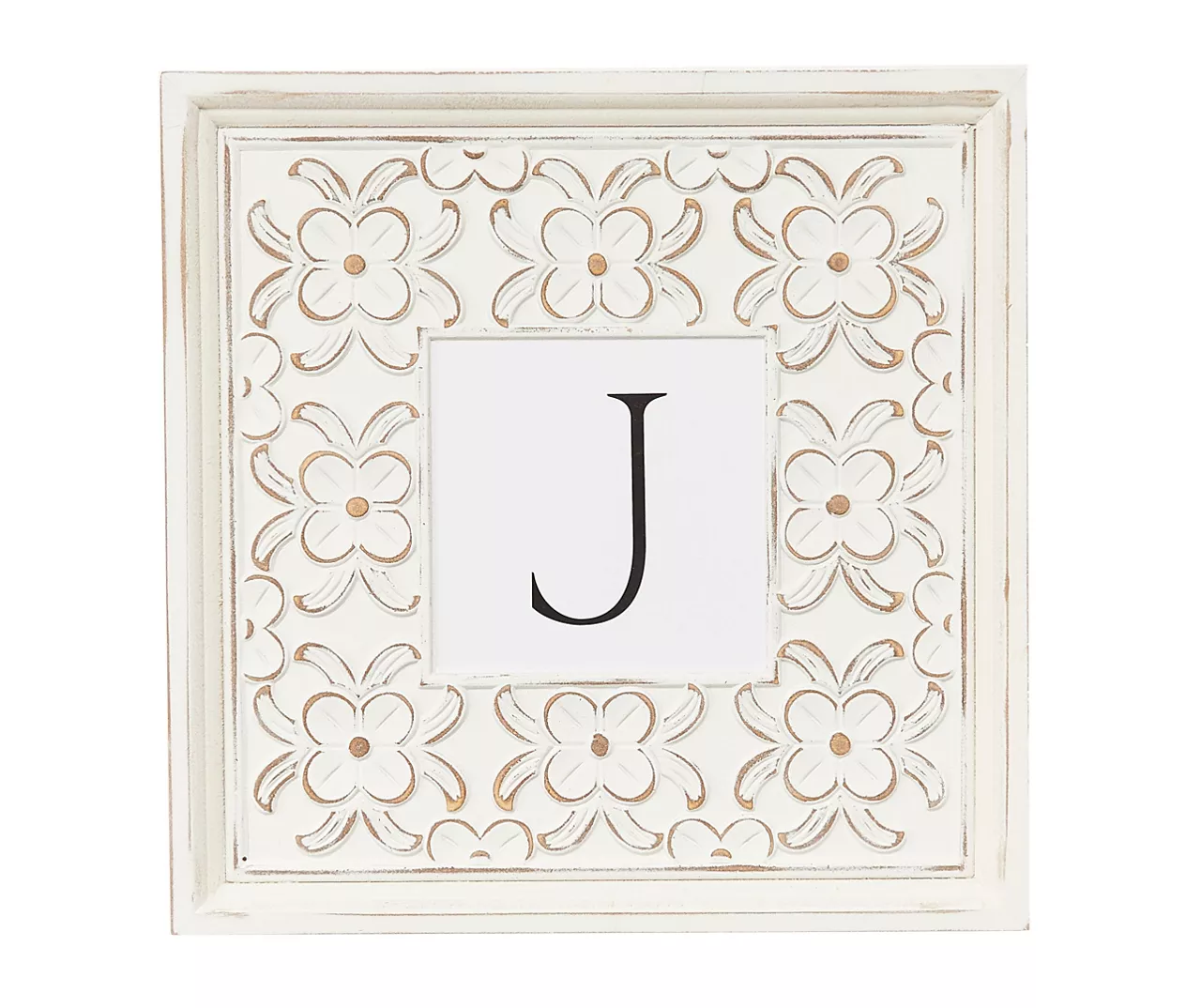 White Distressed Carved Floral Monogram Square Wall Plaque 5 White Distressed Carved Floral Monogram Square Wall Plaque - Image 3