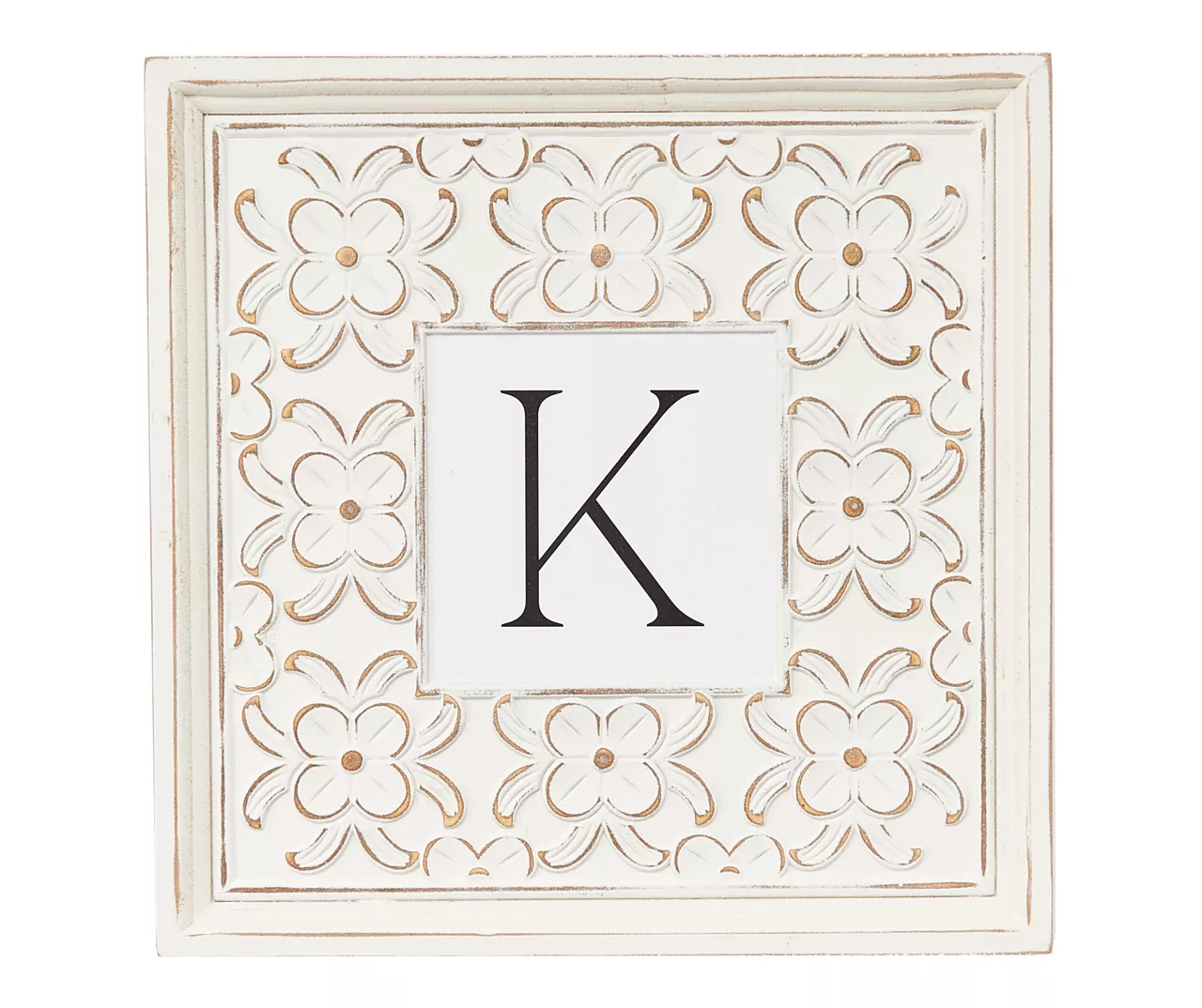 White Distressed Carved Floral Monogram Square Wall Plaque 6 White Distressed Carved Floral Monogram Square Wall Plaque - Image 4