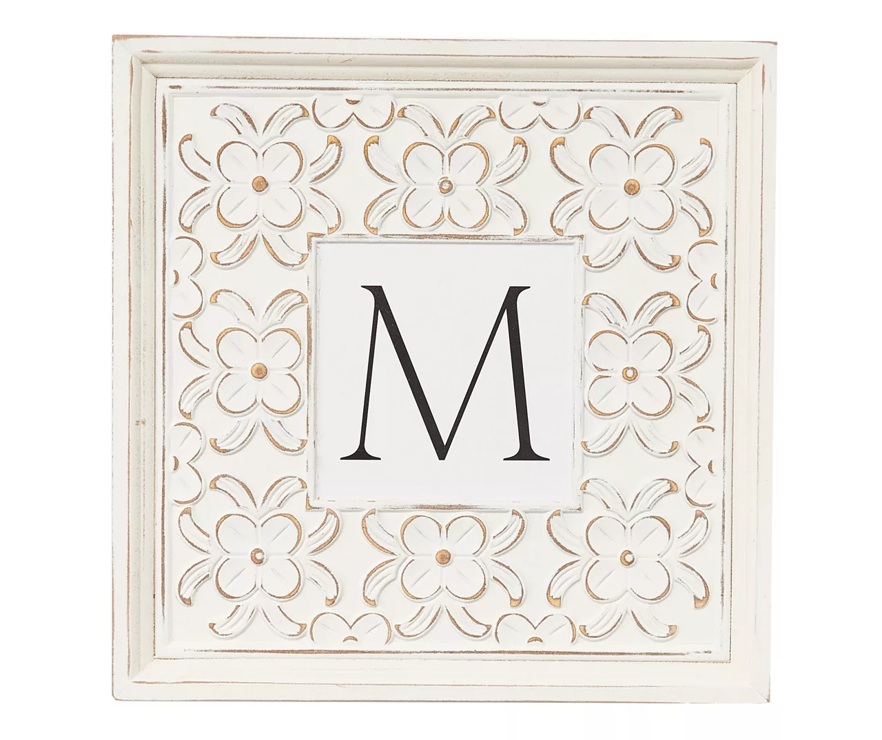 White Distressed Carved Floral Monogram Square Wall Plaque 7 White Distressed Carved Floral Monogram Square Wall Plaque - Image 5
