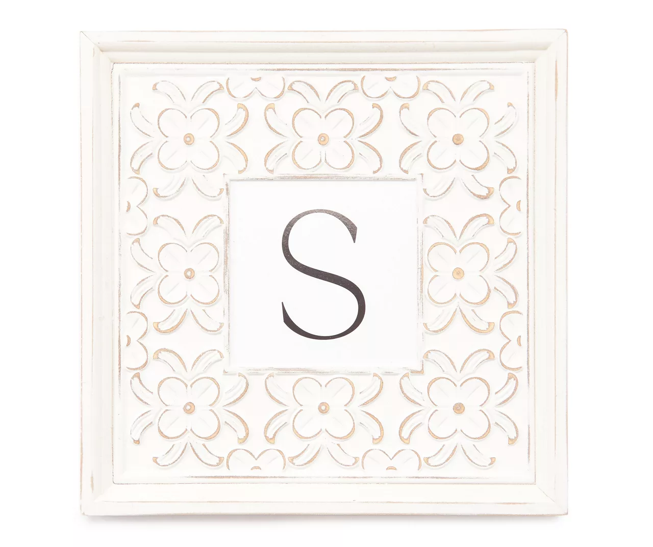 White Distressed Carved Floral Monogram Square Wall Plaque 8 White Distressed Carved Floral Monogram Square Wall Plaque - Image 6