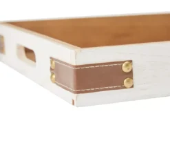 White Decorative Tray With Brown Faux Leather Accents -Northlight Sales Store 810552397 2