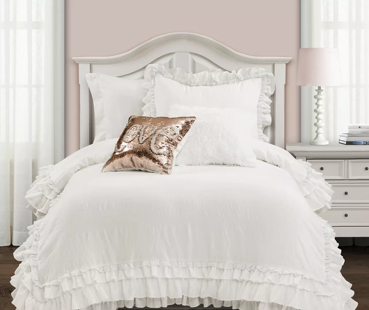 Ella White Ruffle & Lace Twin XL 2-Piece Comforter Set 3 Ella White Ruffle & Lace Twin XL 2-Piece Comforter Set