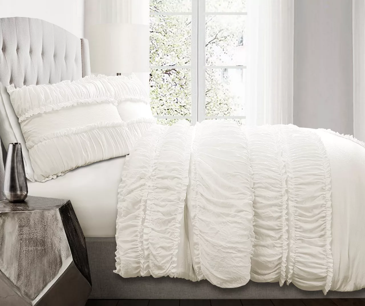 Nova White Ruffled King 3-Piece Comforter Set 3 Nova White Ruffled King 3-Piece Comforter Set