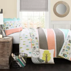 Coral & Turquoise Owl Stripe Full/Queen 5-Piece Quilt Set 13 Coral & Turquoise Owl Stripe Full/Queen 5-Piece Quilt Set -Northlight Sales Store 810552920 11