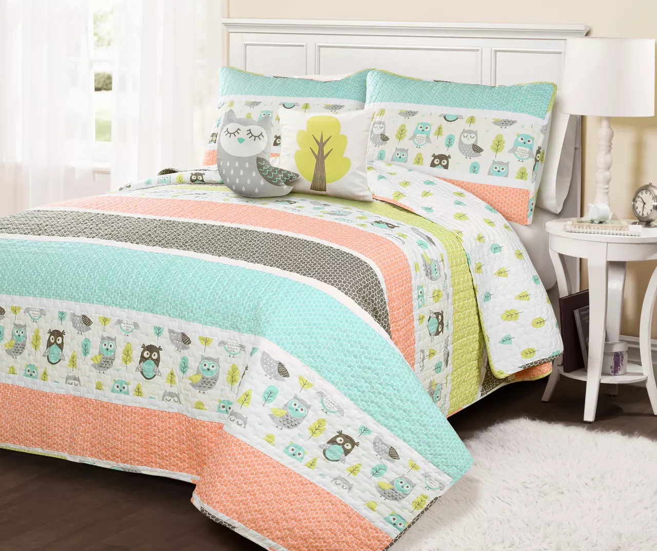 Coral & Turquoise Owl Stripe Full/Queen 5-Piece Quilt Set 3 Coral & Turquoise Owl Stripe Full/Queen 5-Piece Quilt Set