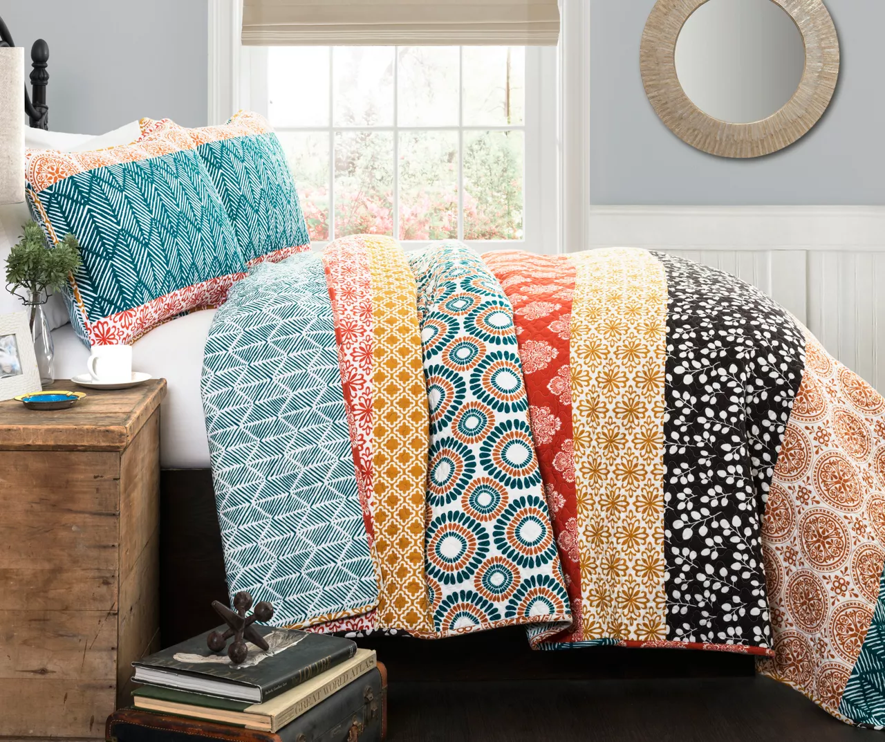 Turquoise & Orange Bohemian Pattern Stripe Full/Queen 3-Piece Quilt Set 3 Turquoise & Orange Bohemian Pattern Stripe Full/Queen 3-Piece Quilt Set