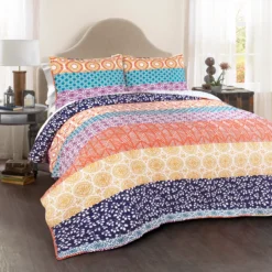 Fuchsia & Orange Bohemian Pattern Stripe Full/Queen 3-Piece Quilt Set -Northlight Sales Store 810552951 11