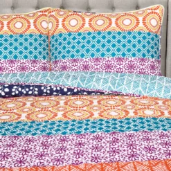 Fuchsia & Orange Bohemian Pattern Stripe Full/Queen 3-Piece Quilt Set -Northlight Sales Store 810552951 2
