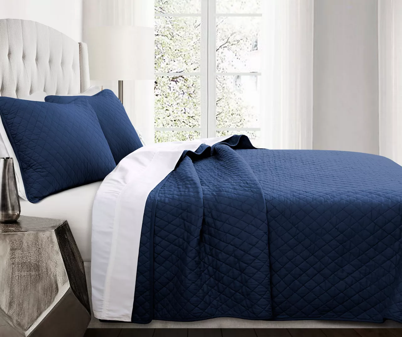 Ava Navy Diamond-Quilted Full/Queen 3-Piece Quilt Set 3 Ava Navy Diamond-Quilted Full/Queen 3-Piece Quilt Set