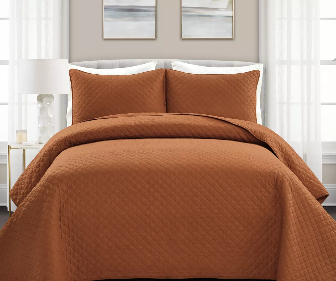 Ava Rust Diamond-Quilted Full/Queen 3-Piece Quilt Set 3 Ava Rust Diamond-Quilted Full/Queen 3-Piece Quilt Set