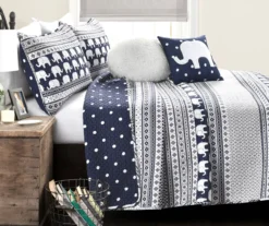 Navy & White Elephant Geometric Stripe Twin 4-Piece Quilt Set -Northlight Sales Store 810552964 11