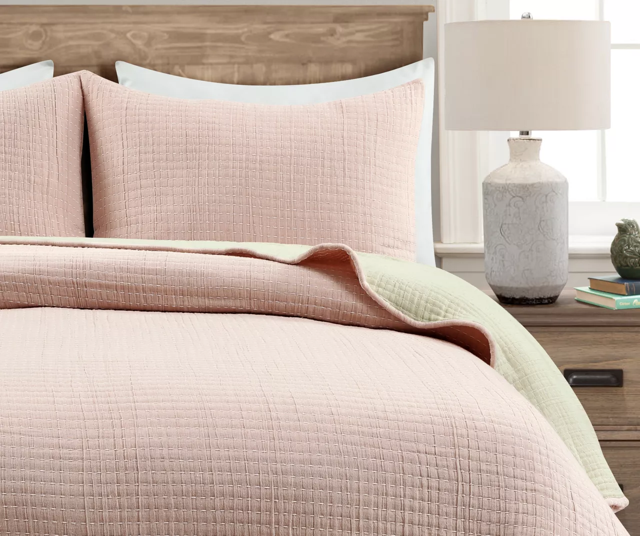 Kantha Blush Stitched-Row Full/Queen 3-Piece Quilt Coverlet Set 3 Kantha Blush Stitched-Row Full/Queen 3-Piece Quilt Coverlet Set