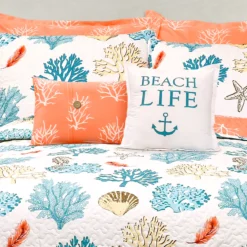 White, Coral & Blue Coastal Reef King 7-Piece Quilt Set -Northlight Sales Store 810552983 2