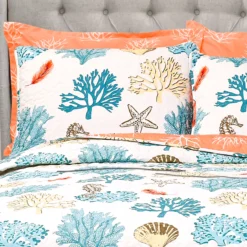 White, Coral & Blue Coastal Reef King 7-Piece Quilt Set -Northlight Sales Store 810552983 31