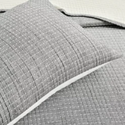 Kantha Light Gray Stitched-Row King 3-Piece Quilt Coverlet Set 13 Kantha Light Gray Stitched-Row King 3-Piece Quilt Coverlet Set -Northlight Sales Store 810552987 3