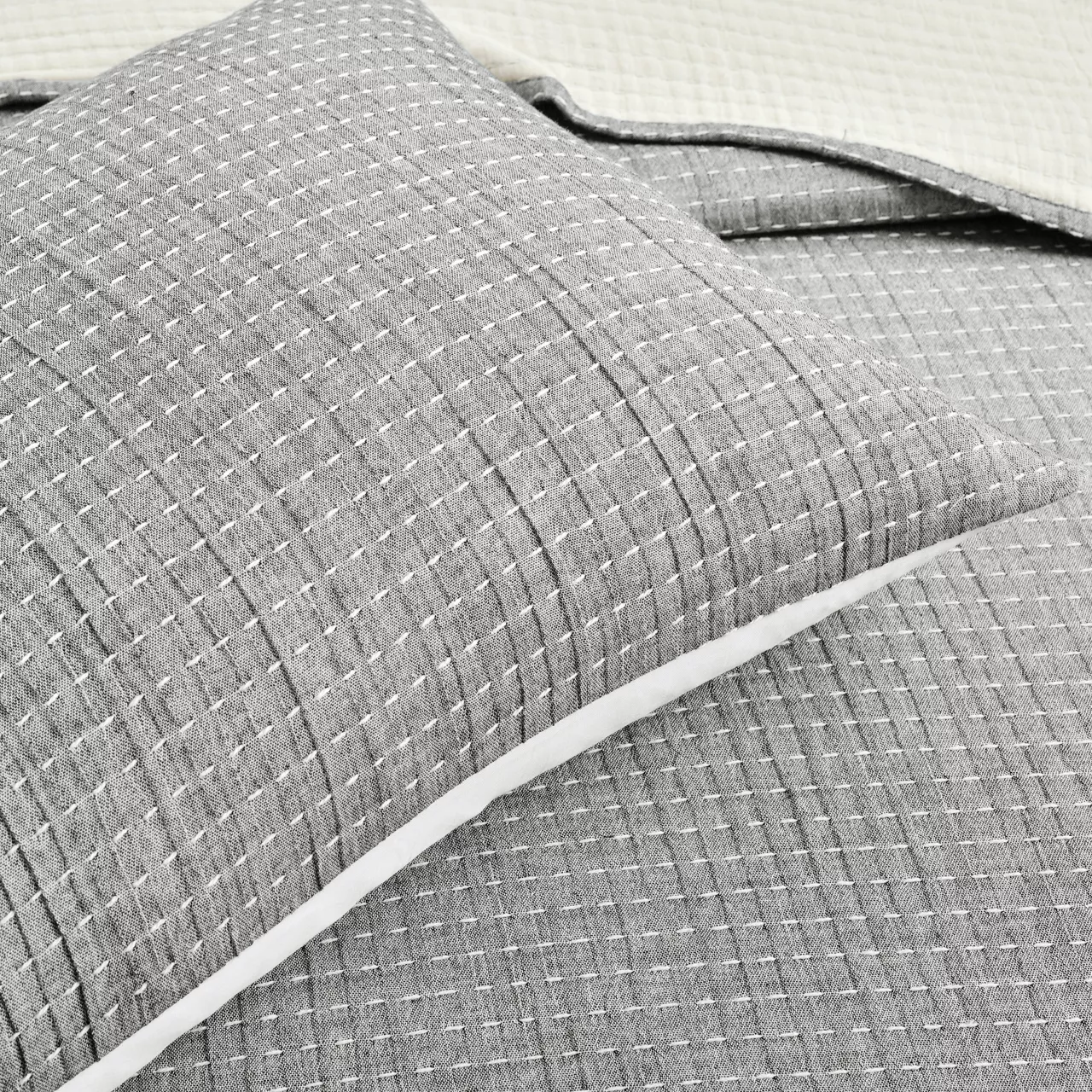 Kantha Light Gray Stitched-Row King 3-Piece Quilt Coverlet Set 9 Kantha Light Gray Stitched-Row King 3-Piece Quilt Coverlet Set - Image 7