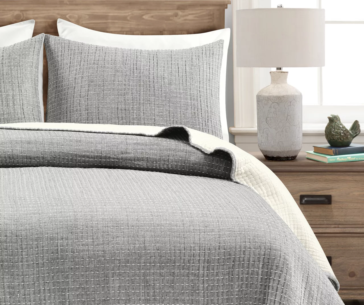 Kantha Light Gray Stitched-Row King 3-Piece Quilt Coverlet Set 3 Kantha Light Gray Stitched-Row King 3-Piece Quilt Coverlet Set