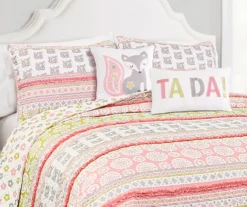 Pink & Gray Fox Ruffle Pattern Block Full/Queen 5-Piece Quilt Set -Northlight Sales Store 810553002 2