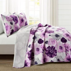 Leah Gray & Purple Floral Full/Queen 3-Piece Quilt Set -Northlight Sales Store 810553027 1