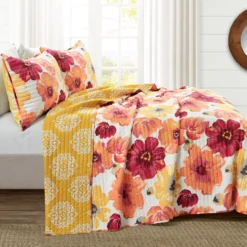 Leah Red & Orange Floral King 3-Piece Quilt Set -Northlight Sales Store 810553040 2