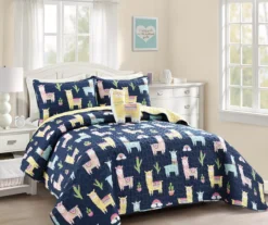 Navy & Pastel Llama Cactus Twin 3-Piece Quilt Set