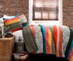 Turquoise & Tangerine Boho Floral Color Block Full/Queen 3-Piece Quilt Set