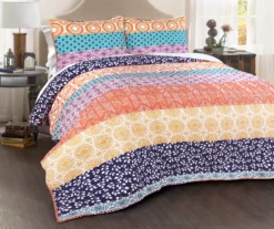 Fuchsia & Orange Bohemian Pattern Stripe Reversible King 3-Piece Quilt Set