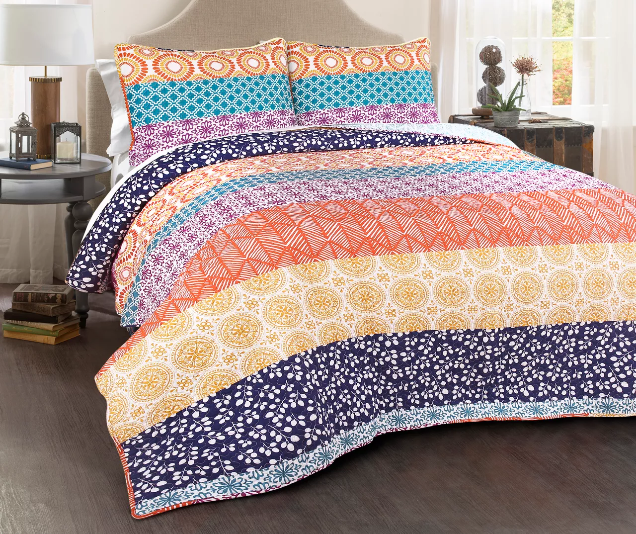Fuchsia & Orange Bohemian Pattern Stripe Reversible King 3-Piece Quilt Set 3 Fuchsia & Orange Bohemian Pattern Stripe Reversible King 3-Piece Quilt Set