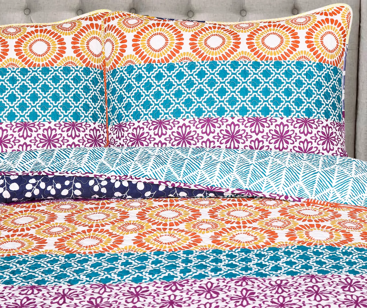 Fuchsia & Orange Bohemian Pattern Stripe Reversible King 3-Piece Quilt Set 4 Fuchsia & Orange Bohemian Pattern Stripe Reversible King 3-Piece Quilt Set - Image 2