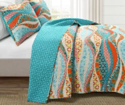 Hailey Turquoise & Orange Pattern Wave Reversible King 3-Piece Quilt Set -Northlight Sales Store 810553377 11