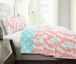 Dina White, Mint & Coral Reversible King 3-Piece Quilt Set