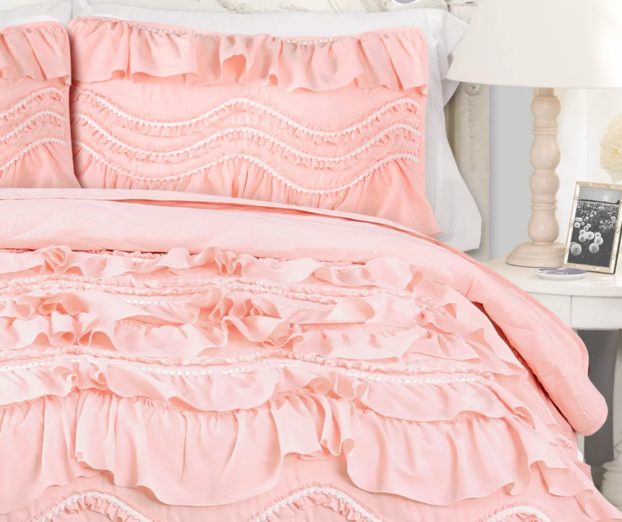 Kemmy Peachy Pink Ruffle Full/Queen 3-Piece Quilt Set 4 Kemmy Peachy Pink Ruffle Full/Queen 3-Piece Quilt Set - Image 2