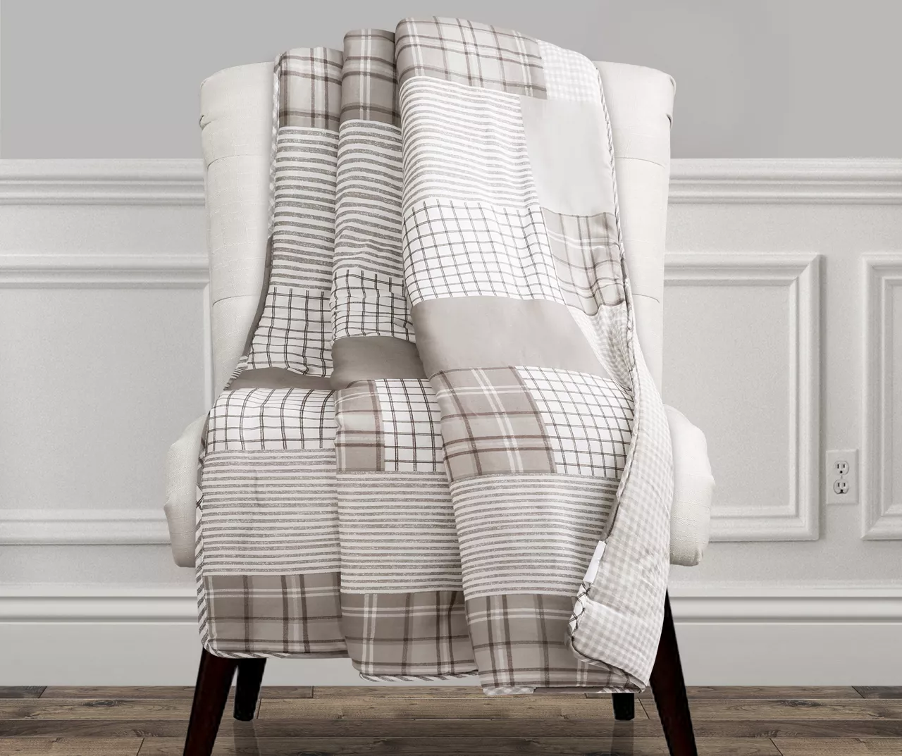 Greenville Taupe & White Plaid Patchwork Throw, (50" X 60") 3 Greenville Taupe & White Plaid Patchwork Throw, (50" X 60")