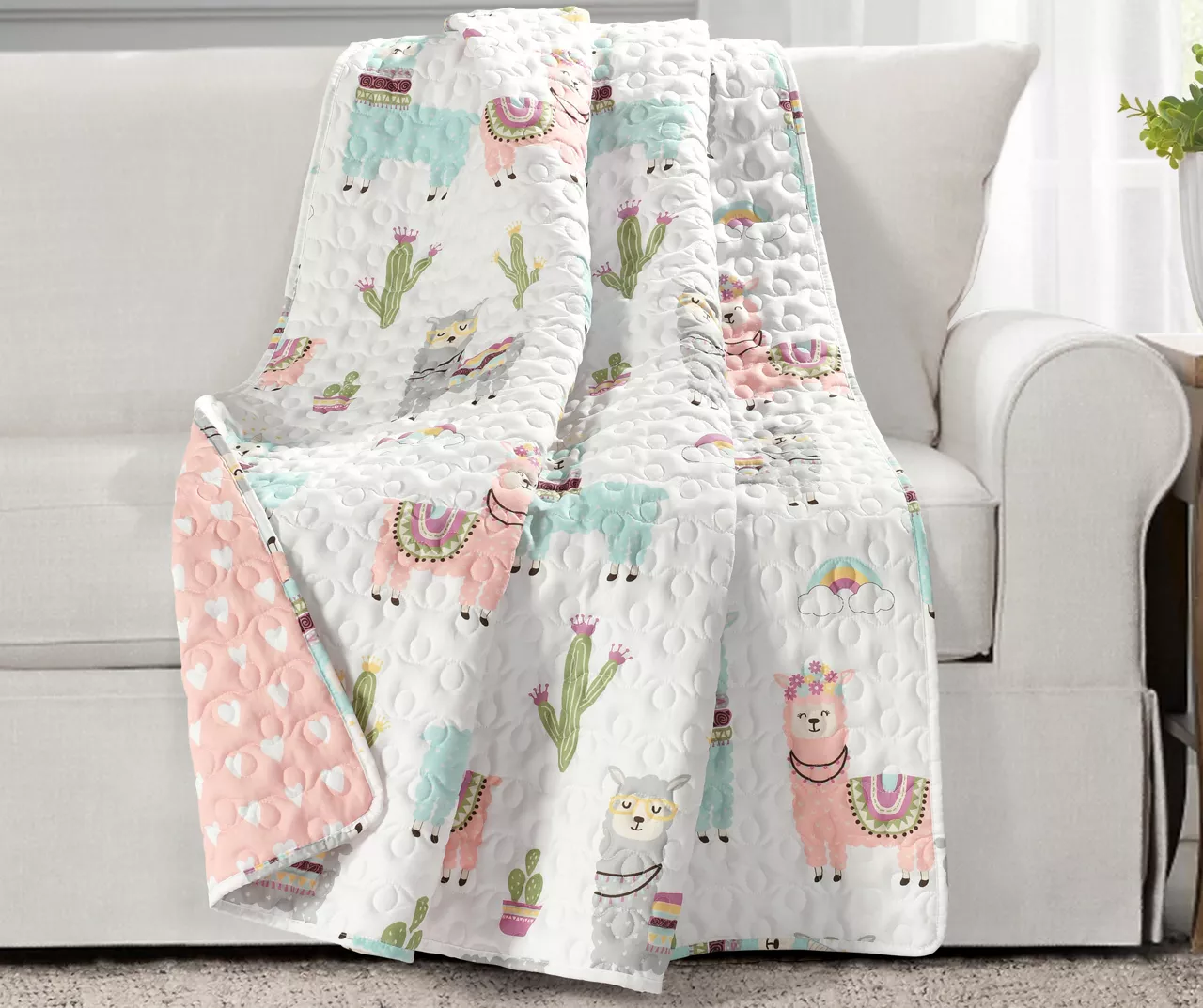 White & Pastel Llama Cactus Quilted Throw, (50" X 60") 3 White & Pastel Llama Cactus Quilted Throw, (50" X 60")