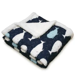 Navy & White Whale Print Quilted Sherpa Throw, (50" X 60") -Northlight Sales Store 810553477 2