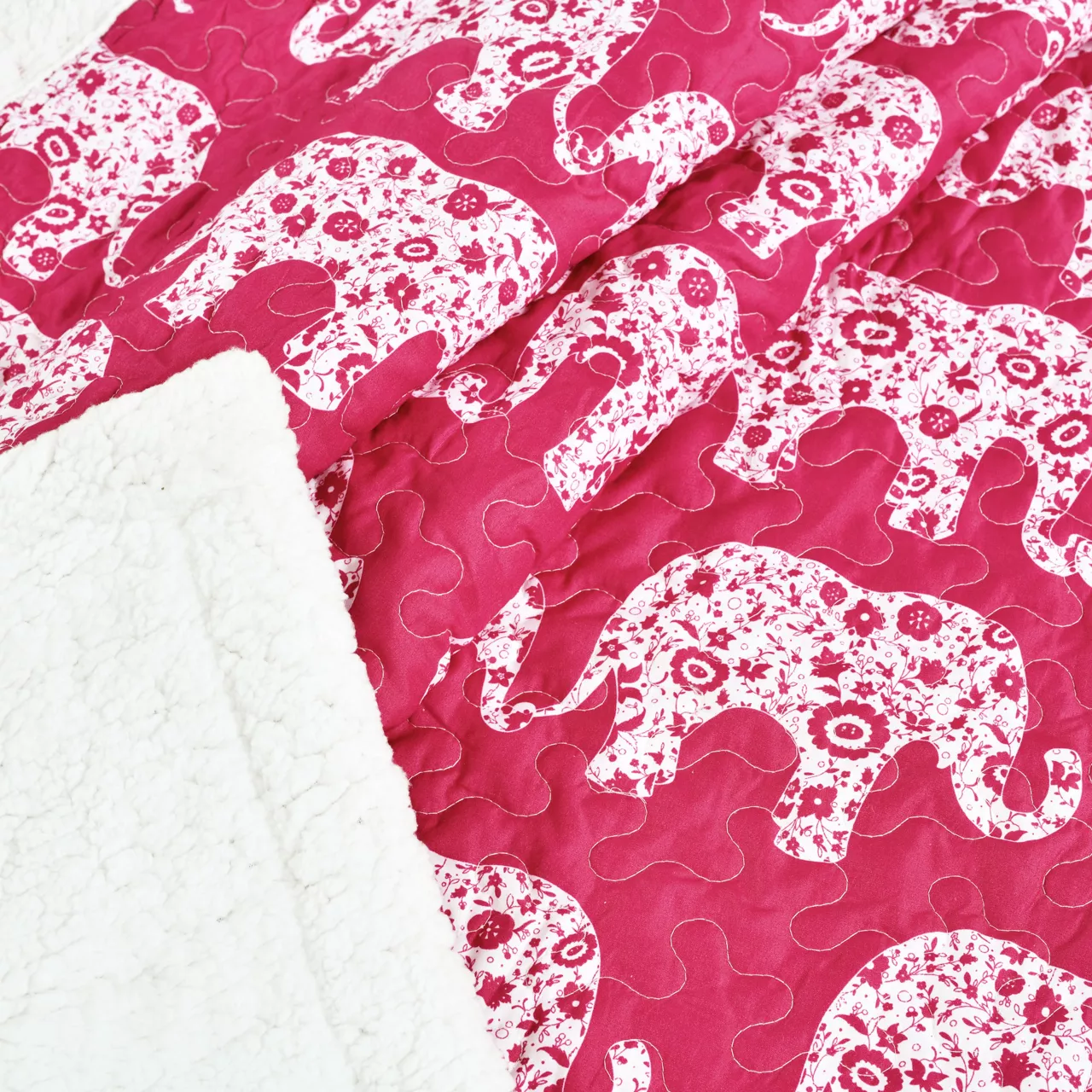 Pink & White Elephant Parade Quilted Sherpa Throw, (50" X 60") 6 Pink & White Elephant Parade Quilted Sherpa Throw, (50" X 60") - Image 4