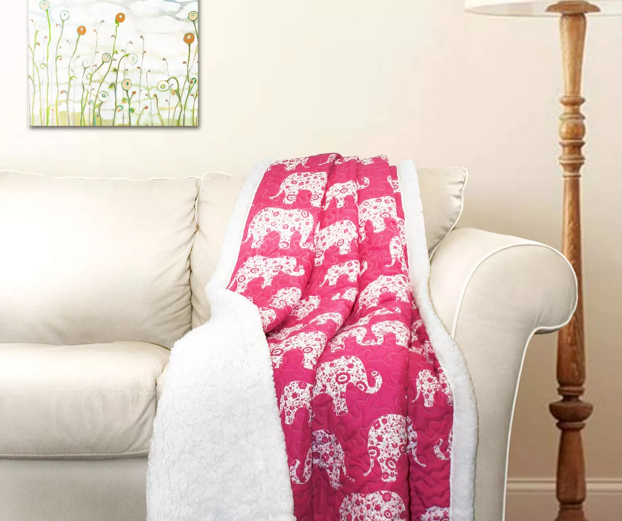 Pink & White Elephant Parade Quilted Sherpa Throw, (50" X 60") 3 Pink & White Elephant Parade Quilted Sherpa Throw, (50" X 60")