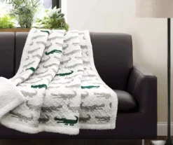 White & Green Alligator Pattern Quilted Sherpa Throw, (50" X 60")