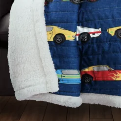Navy Multicolor Race Cars Quilted Sherpa Throw, (50" X 60") -Northlight Sales Store 810553484 1