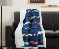 Navy Multicolor Race Cars Quilted Sherpa Throw, (50" X 60") -Northlight Sales Store 810553484
