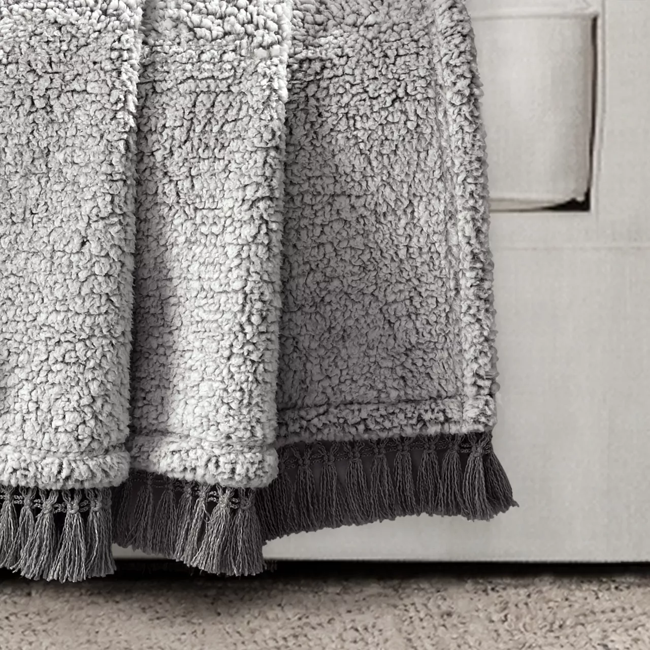 Gray Tassel-Fringe Sherpa Throw, (50" X 60") 5 Gray Tassel-Fringe Sherpa Throw, (50" X 60") - Image 3