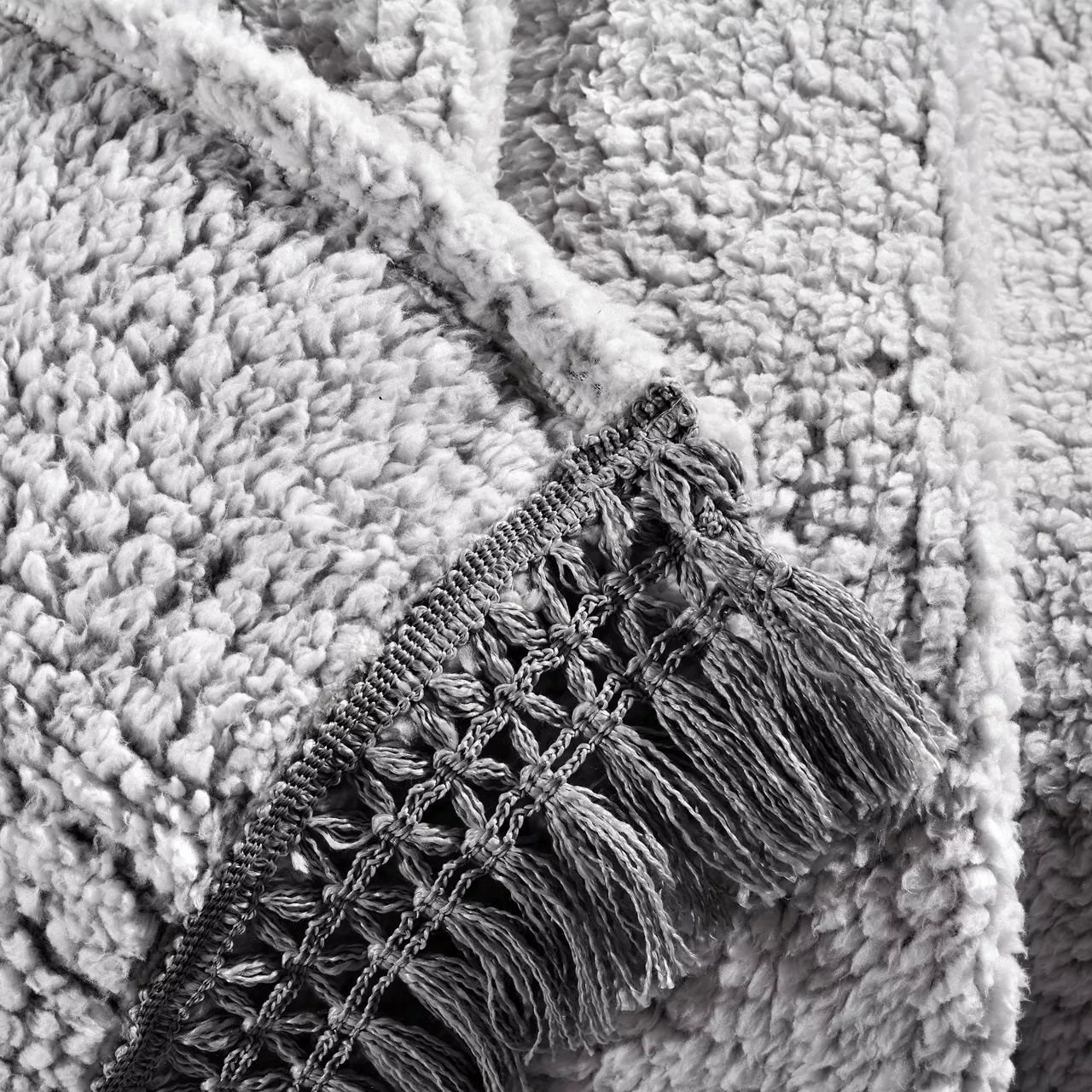 Gray Tassel-Fringe Sherpa Throw, (50" X 60") 6 Gray Tassel-Fringe Sherpa Throw, (50" X 60") - Image 4