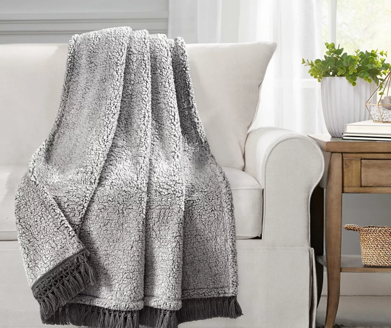 Gray Tassel-Fringe Sherpa Throw, (50" X 60") 4 Gray Tassel-Fringe Sherpa Throw, (50" X 60") - Image 2
