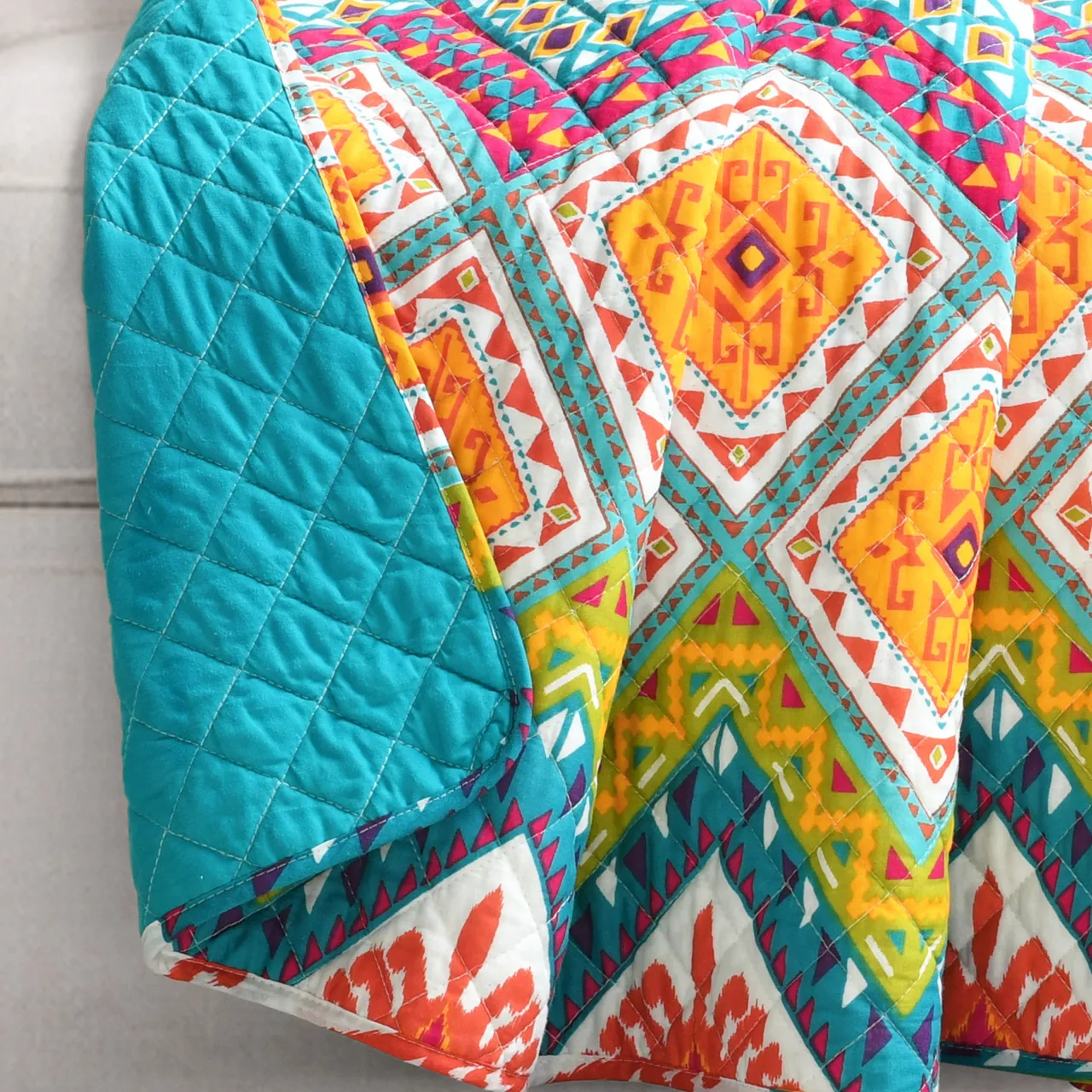 Orange & Turquoise Geometric Boho Quilted Throw, (50" X 60") 7 Orange & Turquoise Geometric Boho Quilted Throw, (50" X 60") - Image 5