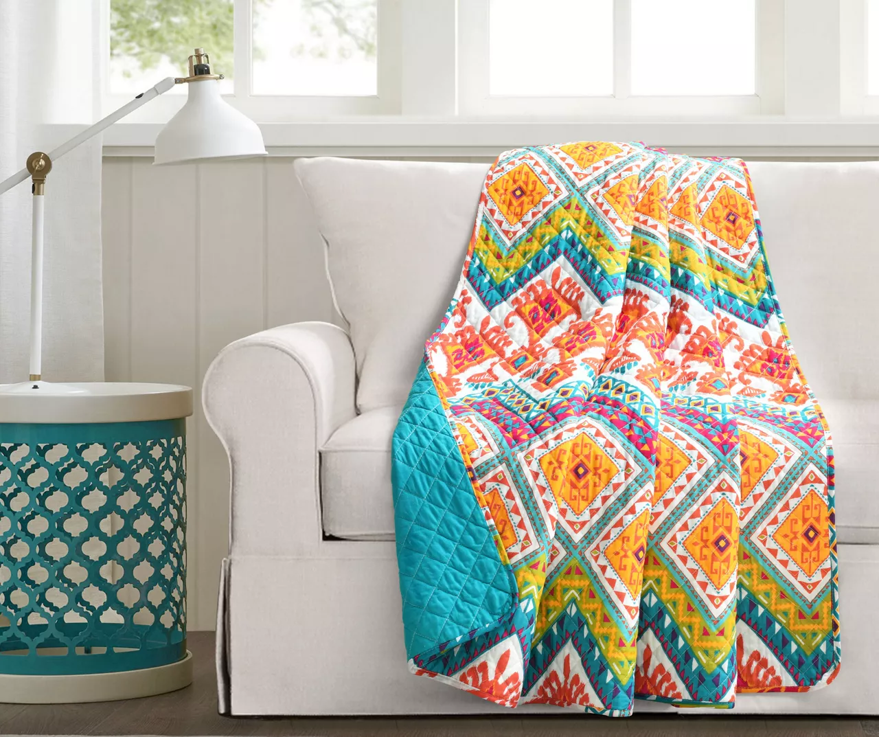 Orange & Turquoise Geometric Boho Quilted Throw, (50" X 60") 3 Orange & Turquoise Geometric Boho Quilted Throw, (50" X 60")